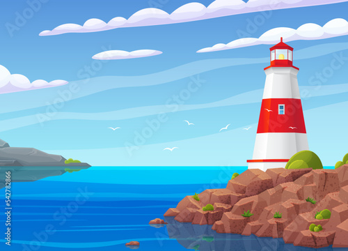 Lighthouse on sea coast. Summer landscape of ocean beach with beacon on cliff. Scenery of nature with sea and building. Lighthouse on bank, rocks and plants. Scenic landscape, view of beacon