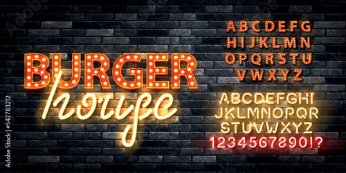 Vector realistic isolated marquee sign of Burger House logo with easy to change color alphabet font on the wall background.