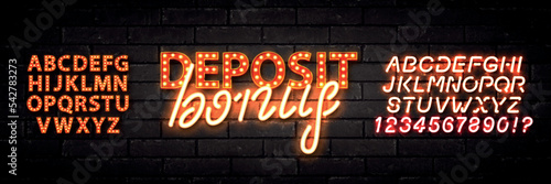 Vector realistic isolated neon marquee text of Deposit Bonus logo with easy to change color alphabet font on the wall background.
