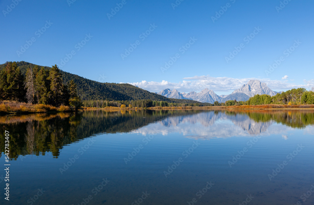 Scenic Landscape of the Tetons from Oxbow Bend in Grand Teton National Park Wyoming in Autumn