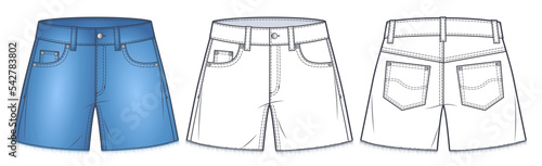 Short Pants with raw hem technical fashion illustration, blue design. Denim style Shorts fashion flat drawing template, front and back view, white, women, men, unisex CAD mockup.