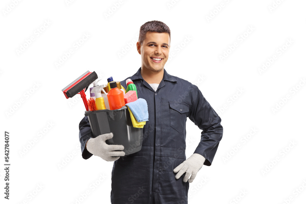 Male janitor holding a bucket with cleaning supplies Male janitor holding a bucket with cleaning supplies