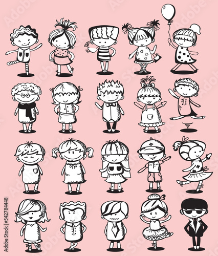 Happy children doodle set. Funny small kids play, run and jump. Set of elements in childish doodle style. Hand drawn illustration