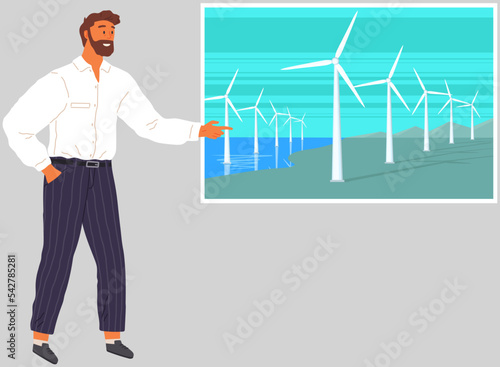 Manager presenting project of wind power plant and factory. Wind turbines. Presentation at exhibition with green energy industrial concept. Wind power station background. Renewable energy sources
