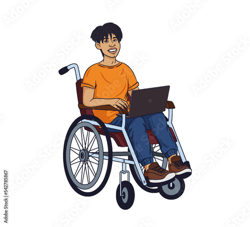 Disabled man in a wheelchair, asian, with a laptop on his knees, works online. Vector illustration of characters in flat sketch style