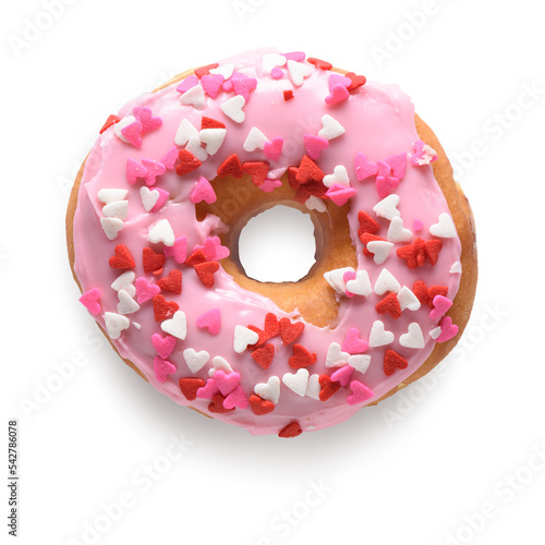 Pink donut with heart sheaped sprinkles isolated