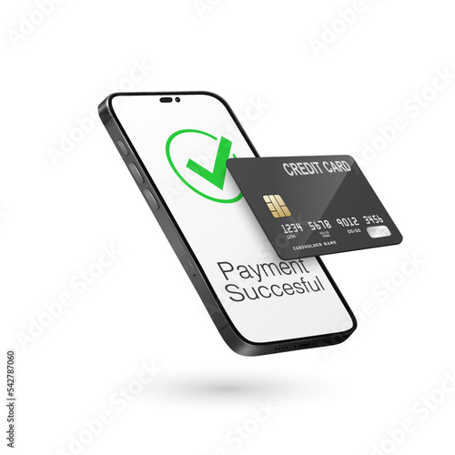 Vector 3d Realistic Smartphone, Credit Card, Wi-Fi Successful Payment. Concept of Payment for Purchases by Card, Online Shopping. Design Template, Bank POS Terminal, Mockup. Processing NFC Device