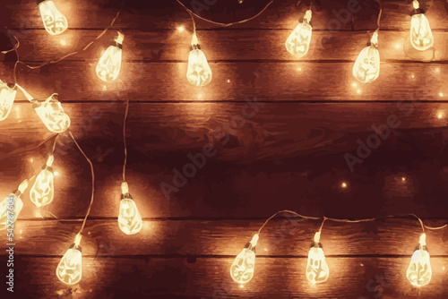 christmas lights bulb frame decoration on white wood, background