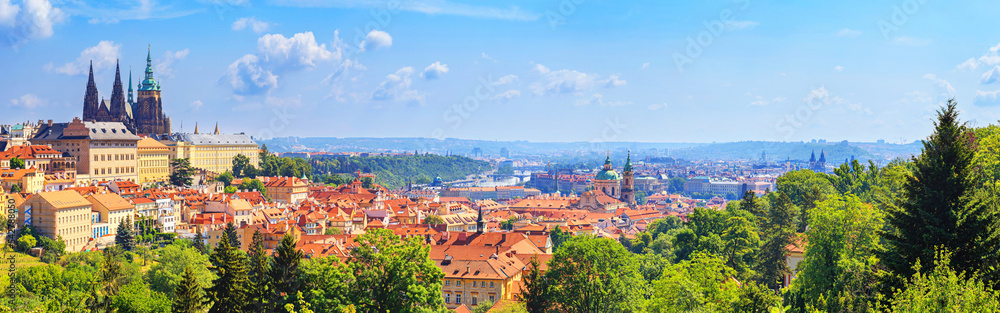 Summer cityscape, panorama, banner - view of the Hradcany historical district of Prague and castle complex Prague Castle, Czech Republic