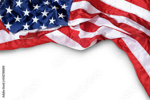 Closeup ruffled American flag isolated 