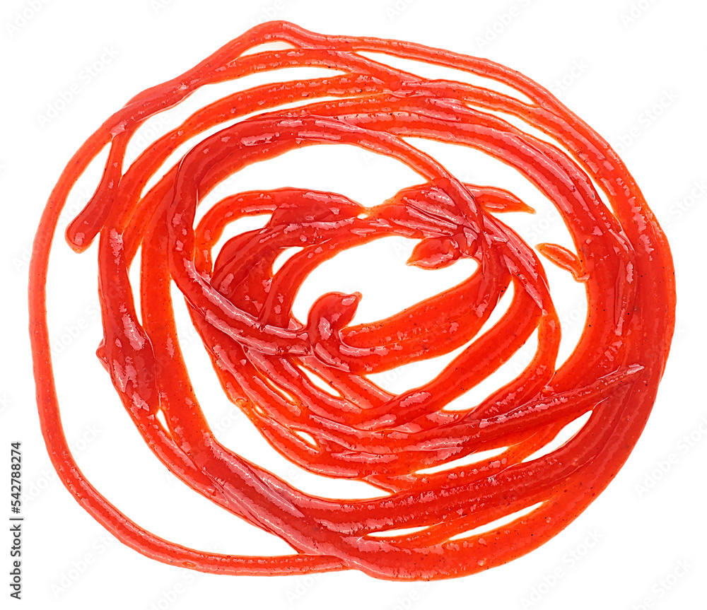 Red ketchup splash isolated on a white background, top view. Tomato puree, round texture.