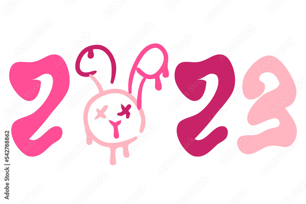 New Year 2023 print with melting rabbit face in trendy pink colors. Perfect for T-shirt, sticker, poster, stationery. Hand drawn isolated vector illustration for decor and design. New Year 2023 print with melting rabbit face in trendy pink colors. Perfect for T-shirt, sticker, poster, stationery. Hand drawn isolated vector illustration for decor and design.
