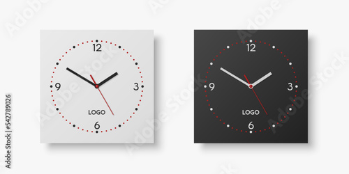 Vector 3d Realistic White, Black Square Wall Office Clock Set, Design Template Isolated on White. Dial with Roman Numerals. Mock-up of Wall Clock for Branding and Advertise Isolated. Clock Face Design