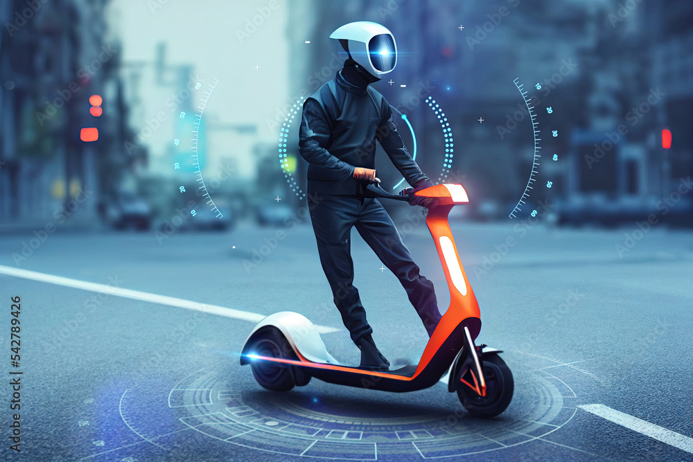 concept generic scooter neon as electric futuristic style vehicle with hologram overlays, mixed digital 3d illustration and matte painting Stock Illustration | Adobe Stock