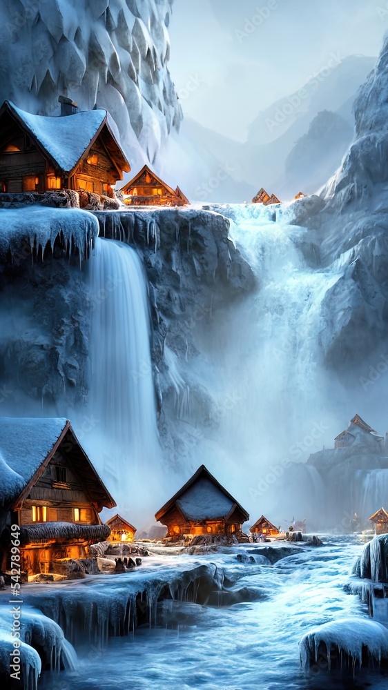 A village in the snowy mountains, wooden houses in a winter mountain ...