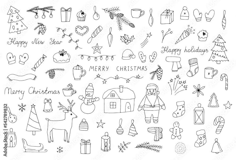 Christmas doodles set vector illustration, hand drawing