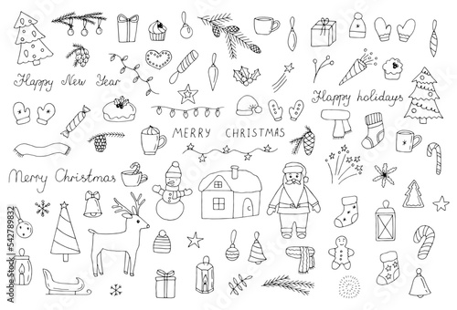 Christmas doodles set vector illustration, hand drawing