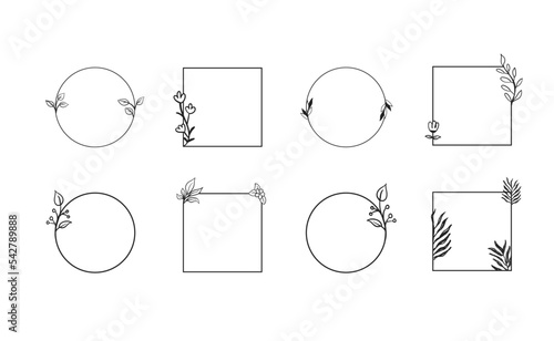 Geometric floral frames, borders, wreaths, hand drawn illustrations. Trendy Line drawing, line art style with branches and nature ornaments.