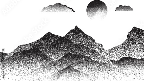 Ocean, mountains, sun, moon, waves and sandy beach. Summer landscape  . Vector Illustration. 