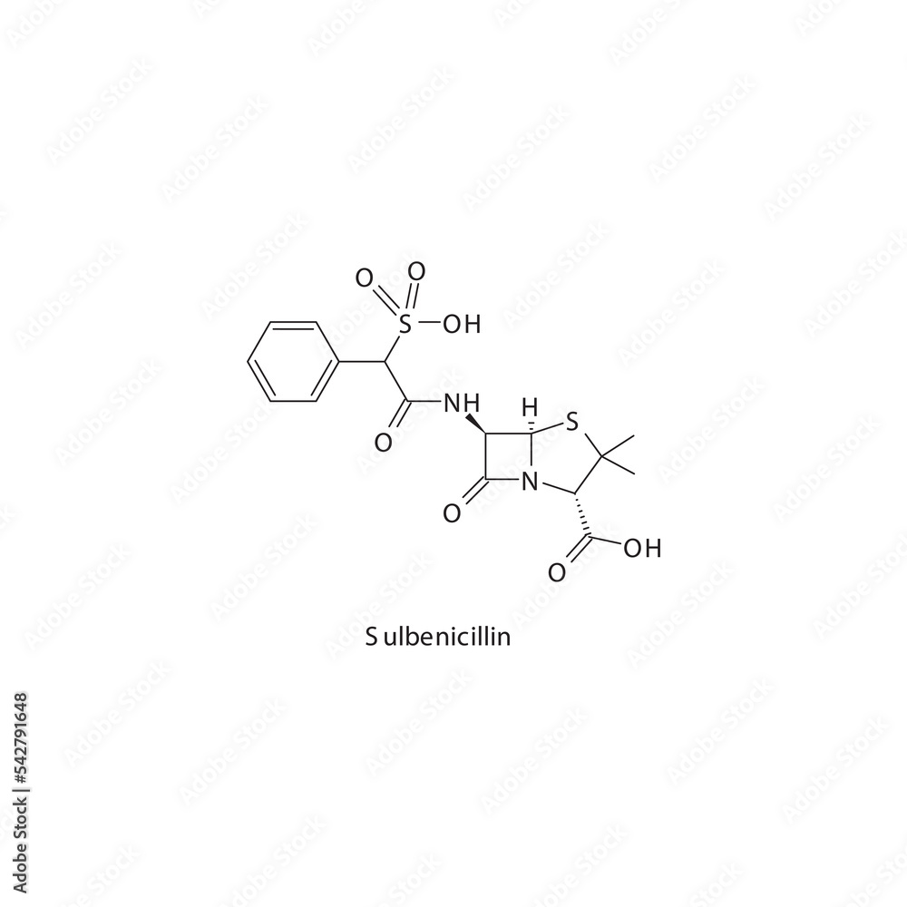 Sulbenicillin  flat skeletal molecular structure Penicillin  drug used in bacterial infection treatment. Vector illustration.