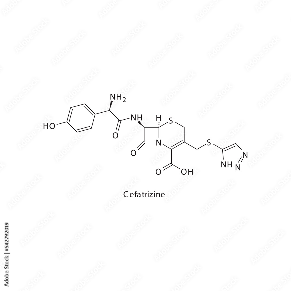 Cefatrizine flat skeletal molecular structure 1st generation Cephalosporin drug used in bacterial infection treatment. Vector illustration. Cefatrizine flat skeletal molecular structure 1st generation Cephalosporin drug used in bacterial infection treatment. Vector illustration.