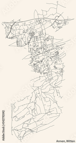 Detailed navigation black lines urban street roads map of the ANNEN MUNICIPALITY of the German regional capital city of Witten, Germany on vintage beige background