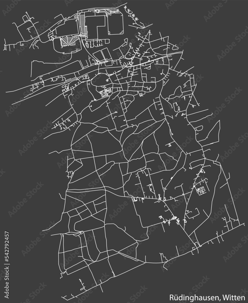 Detailed negative navigation white lines urban street roads map of the RÜDINGHAUSEN MUNICIPALITY of the German regional capital city of Witten, Germany on dark gray background