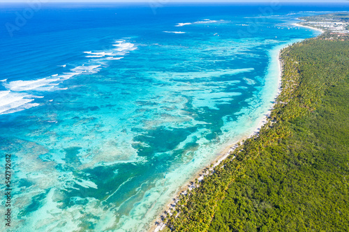 Bounty and pristine tropical shore with coconut palm trees and turquoise caribbean sea. Beautiful landscape. Aerial view