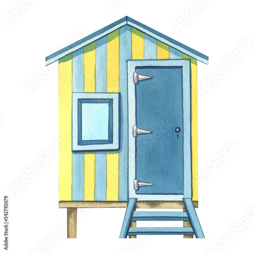 Beach house, surf garage, yellowand blue, wooden, striped. Watercolor illustration. An isolated object from the SURFING collection. For decoration and design of compositions, prints photo