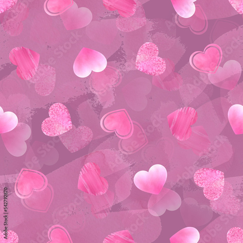Wallpaper Mural Bright pink hearts of different textures on a lilac background. Watercolor illustration. Seamless pattern from the VALENTINE'S DAY collection. For packaging paper, decoration and design Torontodigital.ca