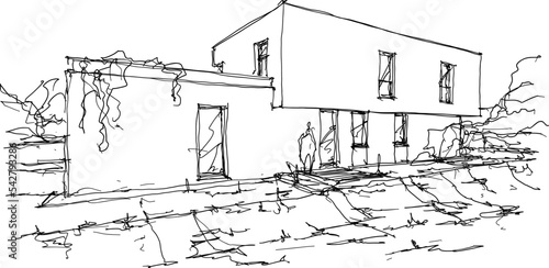 hand drawn architectural sketch of modern two story detached house with flat roof and swimming pool
