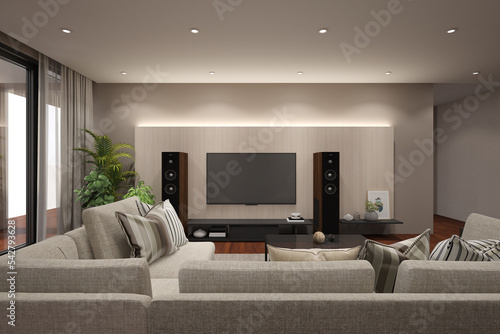 Contemporary living room in light colors with low ceilings and trendy contemporary furnishings. 3d rendering.