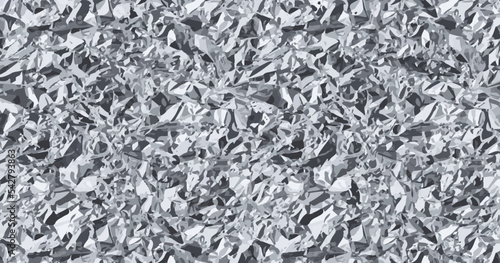 Vector realistic foil texture. Isolated aluminium paper sheet, top view. Crumpled iron surface background. Silver wrapped package pattern. Chrome rough industrial sheet. White glossy glitter wall