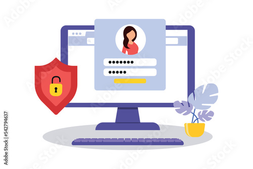 Login form on computer screen. User authorization, sign in to account, authentication page. Login and password form page. Secure login and password. Vector illustration