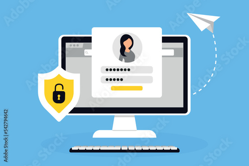 Login form on computer screen. User authorization, sign in to account, authentication page. Login and password form page. Secure login and password. Vector illustration