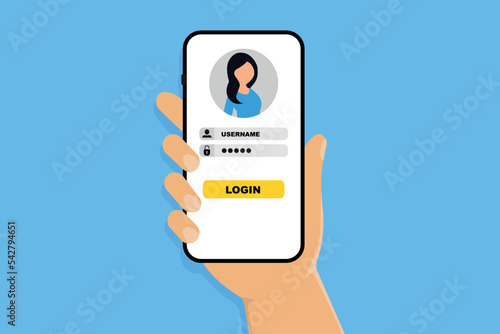 Login form on smartphone screen. Hand holding mobile phone with log in app. User authorization, sign in to account, authentication page. Login and password form page. Secure login and password