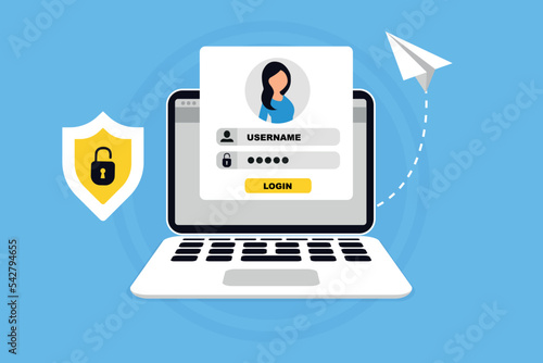 Login form on laptop screen. User authorization, sign in to account, authentication page. Login and password form page. Secure login and password. Vector illustration