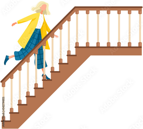 Young business woman running up stairs. Happy feminist climbing career ladder isolated person. Girl steps up stairs to successful point, run to her goal on apex. Business concept, way to big time