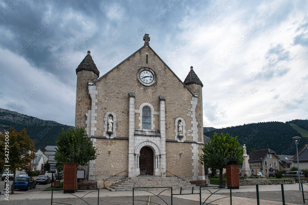Architecture of the church in the town of Autran in the Vercors in the Alps in France
