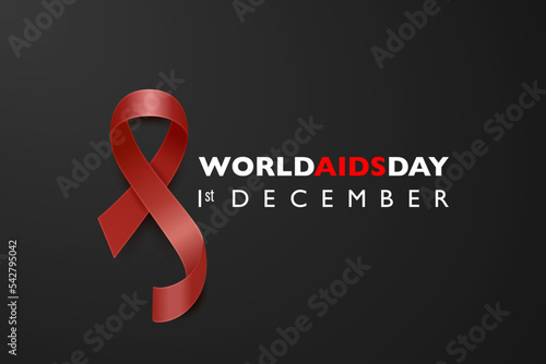 World AIDS Day Banner - Aids Awareness Red Silk Ribbon on Black Horizontal Background. Aids Day Concept. Design Template for 1st December Poster, Placard, Card, Aids Awareness