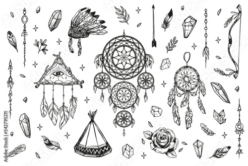 Native American Elements, America, Dreamcatcher, Tipi, Bow, Arrow, Feather, Apache, Sioux, Doodle, Hand-drawn, Cutting Files, Set, Collection, Transparent, Isolated, Illustrator, AI SVG EPS PNG JPG