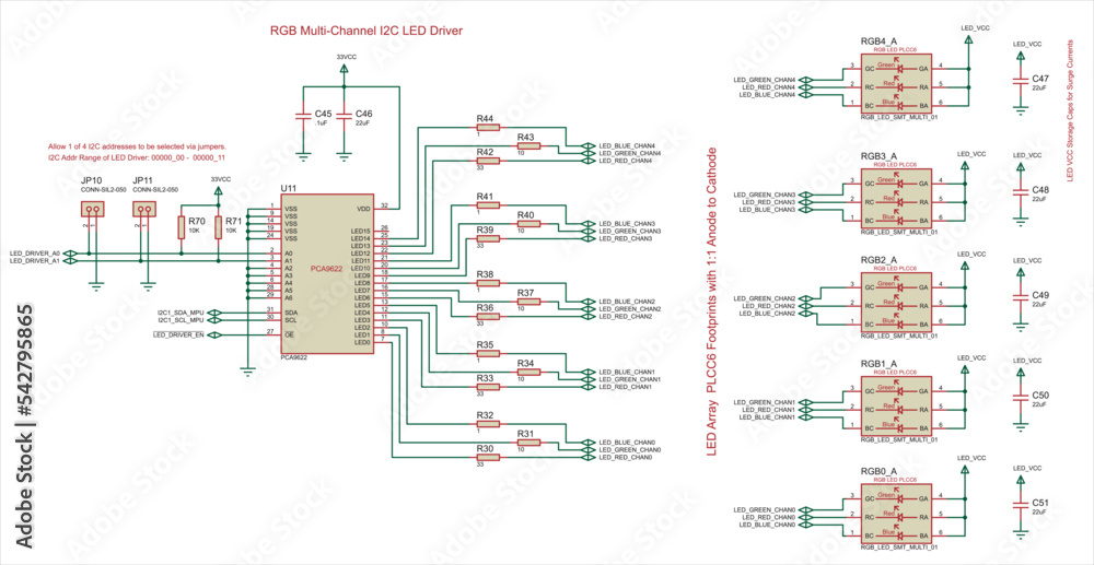 RGB multi-channel I2C led driver. Schematic diagram of electronic device.  Vector drawing electrical circuit with led array, jumper, capacitor,  resistor, microcontroller, ground and power symbols vector de Stock | Adobe  Stock