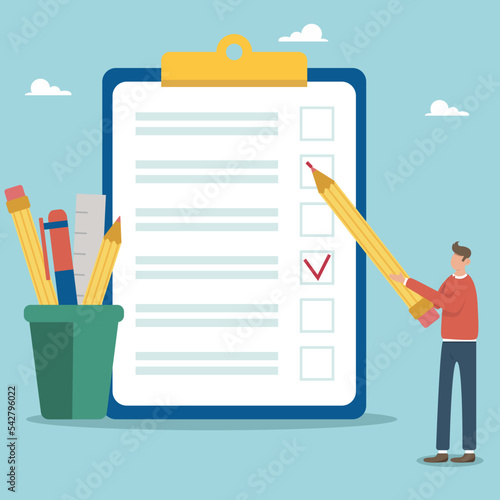 Customer Satisfaction Survey. Voting, choice. Solving the list of tasks, bringing goals to the end. A businessman with a pencil checks off the completion of tasks. Big piece of paper, small person.