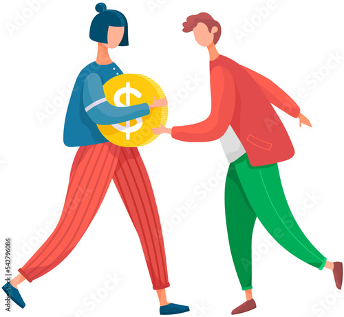 Boy and girl make money. Money income concept. Two teenagers with big coin, profit and salary. Girl walks holding dollar coin in her hand, isolated female and male student receive scholarship