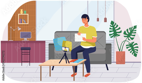 Phone on tripod. People broadcasting, stream on smartphone. Live streaming. Video blog recording, male blogger using mobile and tripod stand. Illustration of making videos for social media publishing