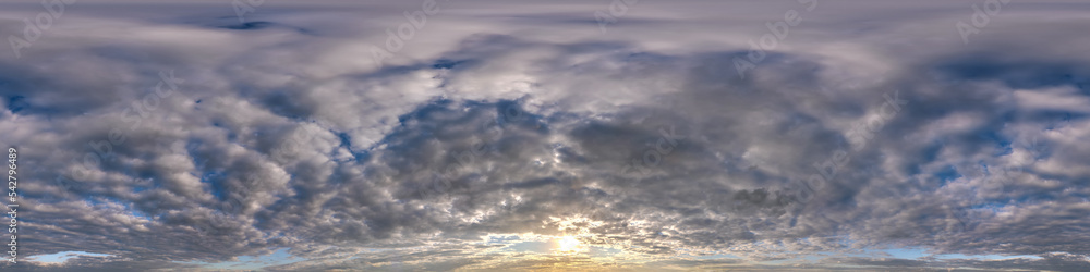 evening dark pink blue sky hdr 360 panorama with white beautiful clouds in seamless projection with zenith for use in 3d graphics or game development as sky dome or edit drone shot for sky replacement