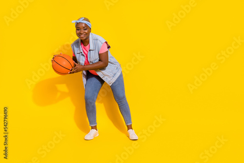 Photo of stylish figure shape lady sportsman play basket ball contest wear denim clothes isolated shine color background