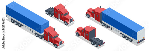 Isomeric Truck trailer with container. Car for the carriage of goods. Cargo delivering vehicle template isolated on white. Transports, logistics.