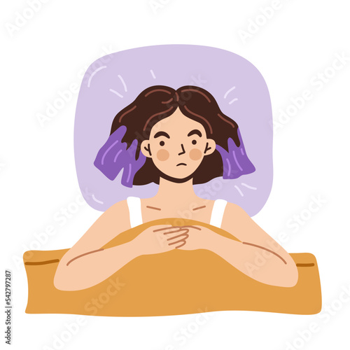 Young woman suffering from insomnia, sleeping disorder. Sleepless girl, lying in bed with open eyes, thinking. Depression symptom. Hand drawn vector character illustration.