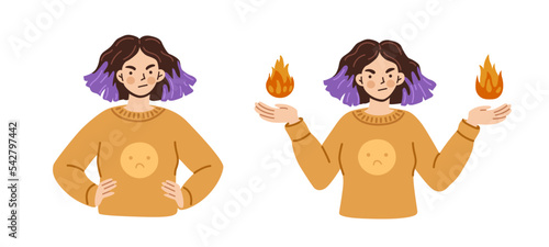 Angry irritated young woman, teenager girl. Furious female character with fires in hands, with hands akimbo. Hand drawn vector character.